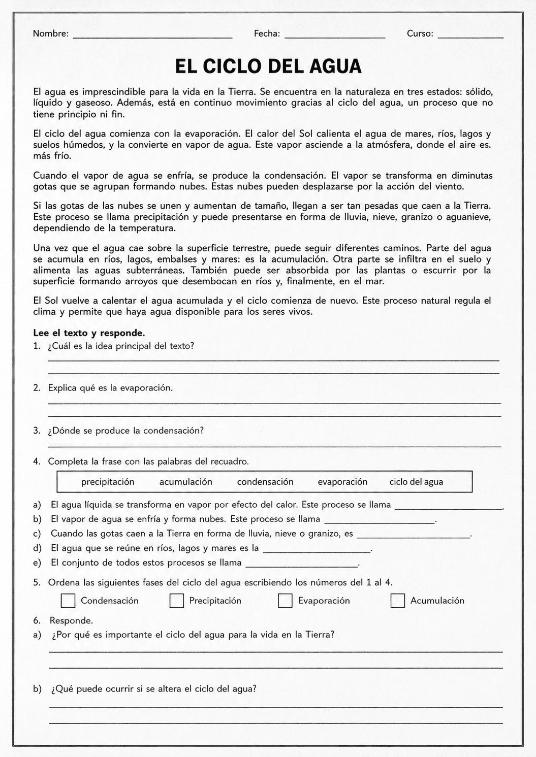 Ficha original densa sobre el ciclo del agua